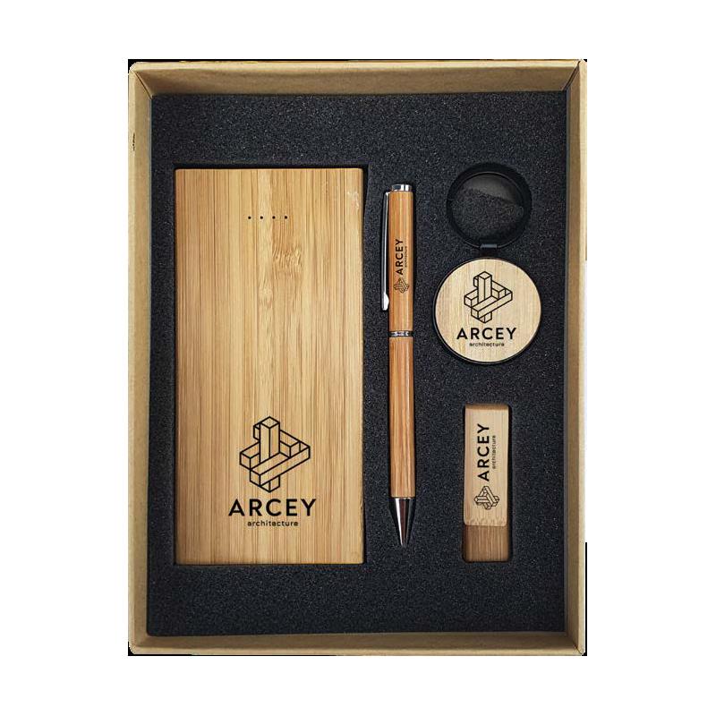 WGS-12 - Natural Cardboard Gift Box With Bamboo Wireless Power bank, Pen and USB Flash Drive